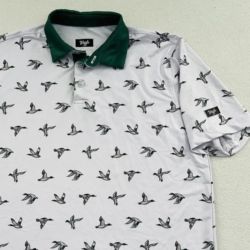 Waggle Boy Green Duck Mallard Print Performance Stretch Golf Polo Shirt Youth L